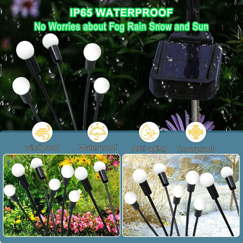 Purple Firefly Solar Lights Outdoor 2 Pack With 16 LEDs waterproof swaying lights with solar panel in rain, garden view