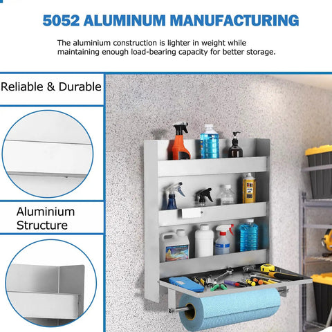 Heavy Duty 5052 Aluminum Work Station Cabinet With Flip Up Tray And Paper Towel Rack, Trailer Door Organizer installed on wall