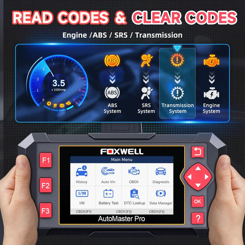 Hands holding NT604 OBD2 Scanner Diagnostic Tool With ABS SRS Engine And Transmission Diagnostics showing menu screen.