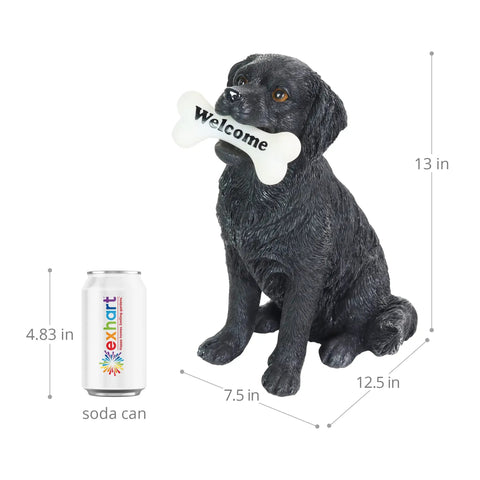 Solar Black Labrador Dog Garden Statue With LED Bone Welcome Sign, outdoor resin yard decor, 7.5 by 13 inch size comparison