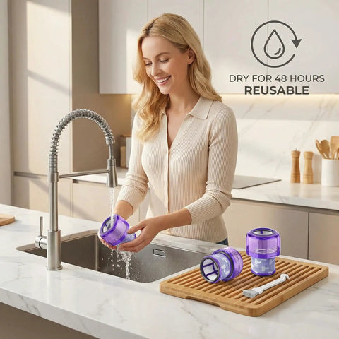 Woman washing Outsize Vacuum Filter 2-Pack True HEPA Replacement Filters For Outsize Series And V11 Outsize Models Including Origin And Absolute Plus SV16 SV29 Replaces 970422-01 in kitchen sink, purple filter on drying rack