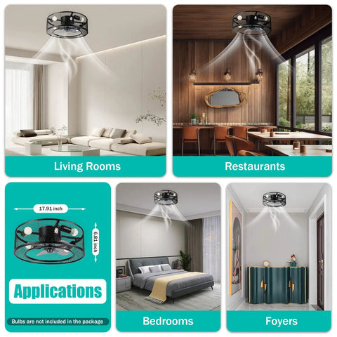 18‑inch Ceiling Fan Light with Remote in living room setting, displaying low-noise motor and stylish caged design.