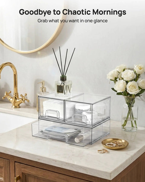 Stackable Storage Drawers Set Of 4 Clear Plastic Organizer Bins for Bathroom Vanity with beauty supplies.
