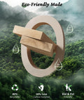 Eco-Friendly Made product featuring a circular design with wooden pieces in a natural setting, highlighting recyclability and low carbon footprint.