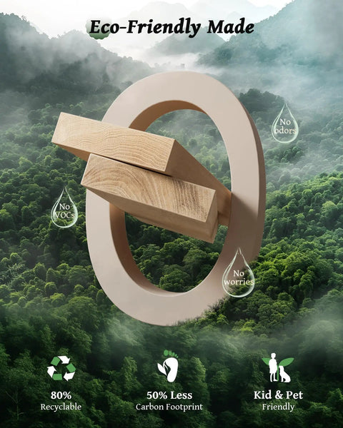 Eco-Friendly Made product featuring a circular design with wooden pieces in a natural setting, highlighting recyclability and low carbon footprint.