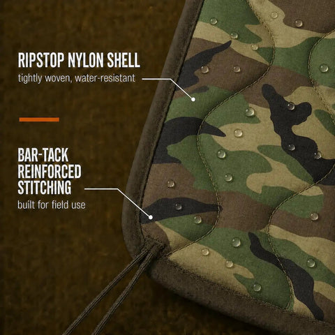 Close-up of Woobie Blanket Insulated Water Resistant Poncho Liner showing camo pattern, ripstop nylon, and reinforced stitching.