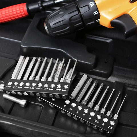 Twenty Piece Hex Head Allen Drill Bit Set With Ten SAE And Ten Metric Bits, Two Point Three Inches Long, Shank Visible
