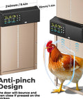 Solar Powered Automatic Chicken Coop Door No Brainer With 656 Foot Remote Control And 3500mAh Battery Intuitive Color LCD Display Anti Pinch Safety Sensor Weather Resistant Aluminum Body For Poultry with a chicken passing through.