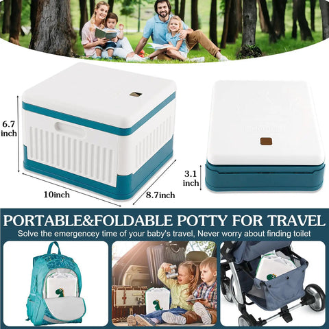 Foldable Portable Toddler Potty For Travel And Potty Training, Rock Solid Fold Away Seat With Comfy Non Slip Cushion, Road Trip Ready Emergency Mobile Commode For Kids Including Thirty Disposable Blue Bags