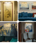 Collage of Picture Light With Remote, illuminating various paintings and posters on gallery and home walls, full metal design with dimmable brightness.