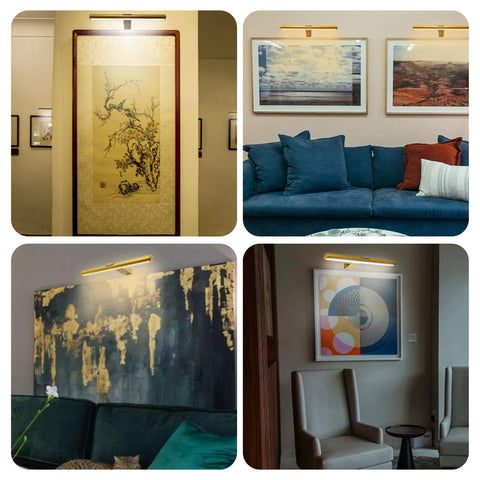 Collage of Picture Light With Remote, illuminating various paintings and posters on gallery and home walls, full metal design with dimmable brightness.
