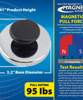Heavy Duty Ceramic Round Base Magnet With Knob 95 Lb Pull Nickel Plated 3.2 Inch Diameter 1.41 Inch High Chrome Knob