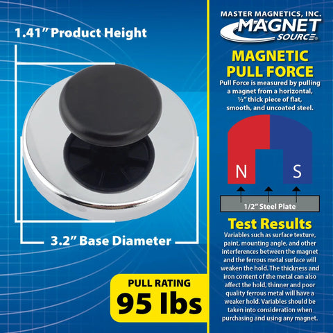 Heavy Duty Ceramic Round Base Magnet With Knob 95 Lb Pull Nickel Plated 3.2 Inch Diameter 1.41 Inch High Chrome Knob