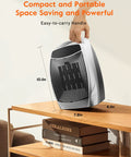 Hand placing Portable 1500W Space Heater For Desk And Room with 4 Modes on tabletop near books, showing compact size.
