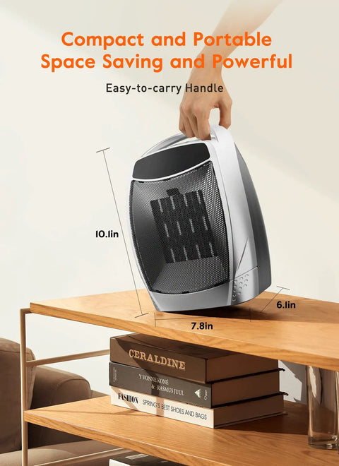 Hand placing Portable 1500W Space Heater For Desk And Room with 4 Modes on tabletop near books, showing compact size.