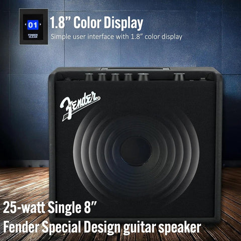 Mustang LT25 Guitar Combo Amp Bundle with Cable and Austin Bazaar Exclusive 12 Pack Picks highlighting 8-inch speaker and color display.
