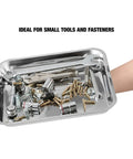 Magnetic Tool Tray Organizer 10 Inch By 11 Inch Heavy Duty Stainless Steel Square Tray with small parts and fasteners