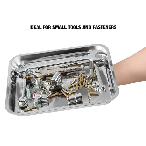 Magnetic Tool Tray Organizer 10 Inch By 11 Inch Heavy Duty Stainless Steel Square Tray with small parts and fasteners