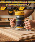Premium Dual Handle Router Base Plate Compatible With DeWalt DWP611 And DCW600B Compact Routers in use on wood, showcasing stability and control.