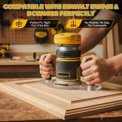 Premium Dual Handle Router Base Plate Compatible With DeWalt DWP611 And DCW600B Compact Routers in use on wood, showcasing stability and control.