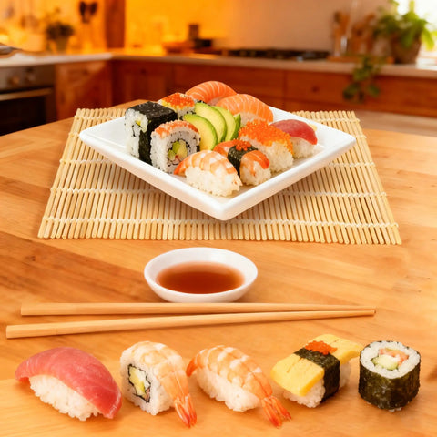 Bamboo Sushi Rolling Mat Set Of 4 Pcs For Homemade Maki Kimbap And Rolls Natural Wood Mats with sushi display and chopsticks.