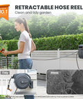 Woman using Retractable Garden Hose Reel With 5/8 Inch 90 Foot Hose, Wall Mounted With 180 Degree Metal Bracket, Lock At Any Length