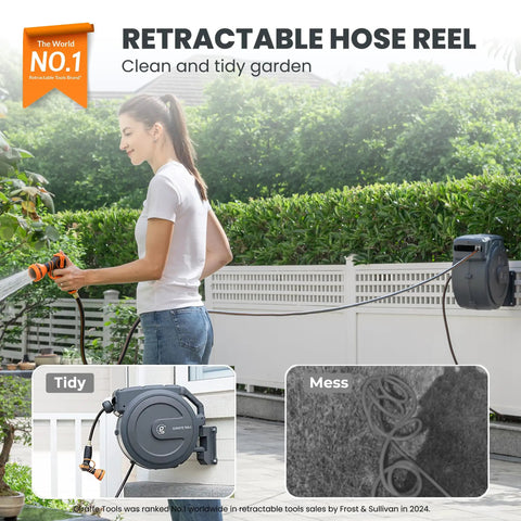 Woman using Retractable Garden Hose Reel With 5/8 Inch 90 Foot Hose, Wall Mounted With 180 Degree Metal Bracket, Lock At Any Length