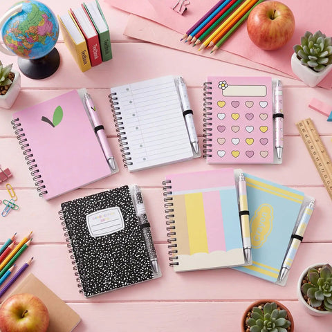 Pastel Back To School Gift Set With 12 Spiral Notebooks And 24 Ballpoint Pens For Teachers And Students Crayon Love Pattern