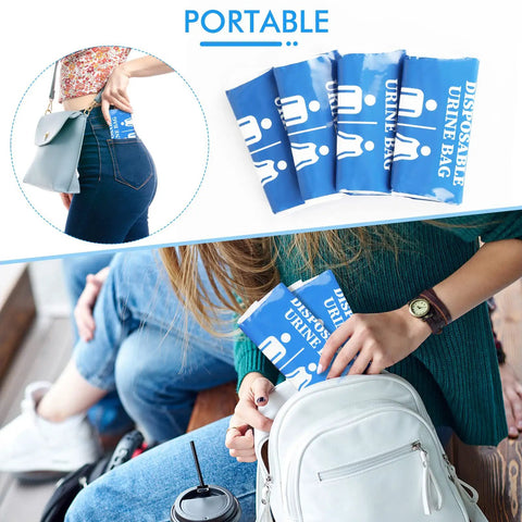 Woman placing Unisex Disposable Urinal Bags For Travel And Camping, 12 Pack Emergency Urine Kit in a backpack