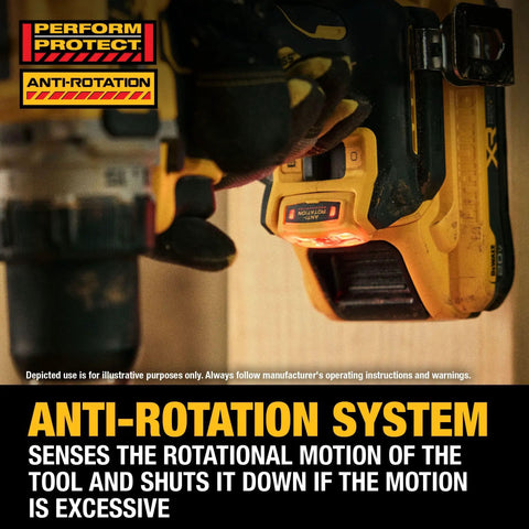 Close-up of 20V Max XR Brushless Cordless 1/2 In Drill Driver Kit with anti-rotation system in active mode for safety.