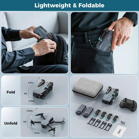 1080P FPV Drone With Camera For Kids And Adults shown folded in hand and pocket with unfolded parts and accessories.