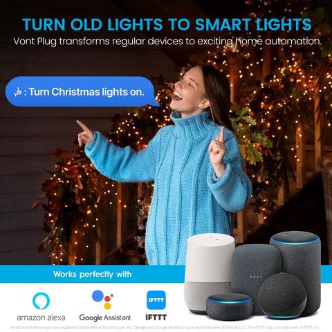 Woman controlling Christmas lights with voice, Two Pack Smart Plugs With Voice Control For Alexa Google Assistant And IFTTT No Hub Needed
