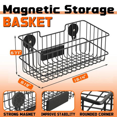 Heavy Duty Magnetic Wire Baskets Set Must Have Large Capacity Metal Shelf Organizer For Garage Kitchen Laundry Workshop Cabinets Ideal For Pegboard And Metal Surfaces 2 Pack, front view showing size and magnetic features