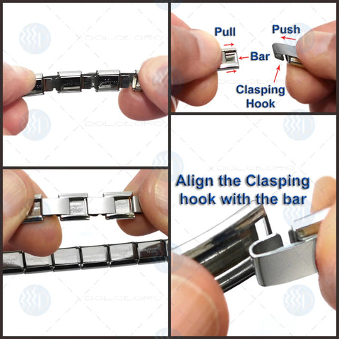 Hands demonstrating how to connect V Initial Charm Letter For 9mm Charm Links Stainless Steel Necklace Pendant Component Traditional Italian Modular Link Go To Must Have 9mm Link Chains Durable Silver Tone Jewelry Accessory.