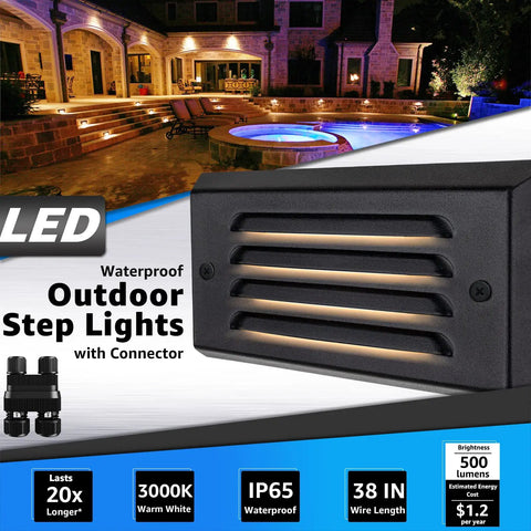 Low Voltage LED Step Lights 5W 3000K Outdoor Deck Stair Fence Lighting With Aluminum Louver Faceplate featured with connectors.