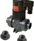 Top Tier 3/4 Inch PVC Solenoid Valve Featuring True Union NPD Design With EPDM Seals Socket Threaded Terminals and flow control.