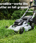 21 Inch AB2100 Replacement Mulching Blade For EGO Electric Lawn Mowers cutting tall grass with heavy duty performance.