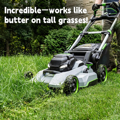21 Inch AB2100 Replacement Mulching Blade For EGO Electric Lawn Mowers cutting tall grass with heavy duty performance.