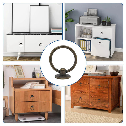 Six Pack Antique Bronze Ring Pull Handles For Dresser Drawers Cabinets And Cupboards, Vintage Metal Knob Pulls Installed