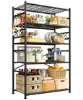 Heavy Duty 5 Tier Metal Shelving Rack With 1000Lbs Capacity 72In High 36In Wide 12In Deep 4 Side Hooks Black, kitchen stocked