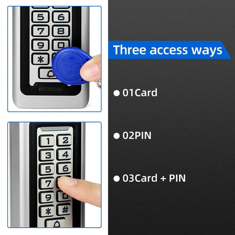 Built Tough RFID Access Control Keypad With Wiegand 26Bit showing three access ways: card, PIN, and card plus PIN.