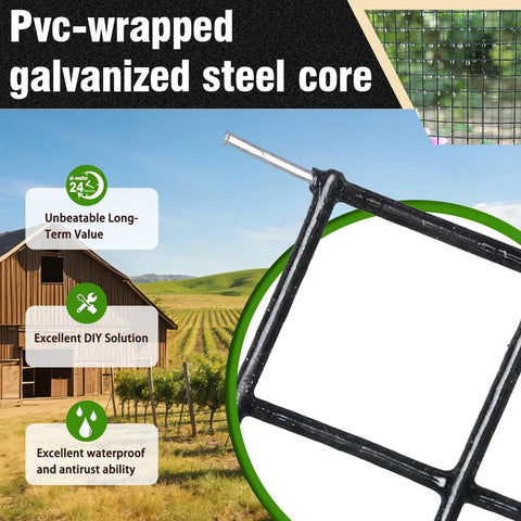 Badass 1/2 Inch Hardware Cloth And Chicken Wire Fencing close-up of PVC-wrapped galvanized steel core mesh in a farm setting.