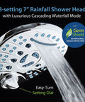 High Pressure Shower Head Combo With Handheld And Rain Head, close-up of 8-setting rain shower head with water flow and chrome finish