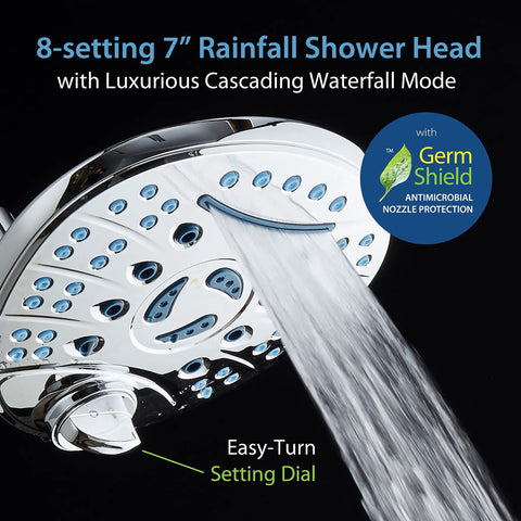 High Pressure Shower Head Combo With Handheld And Rain Head, close-up of 8-setting rain shower head with water flow and chrome finish