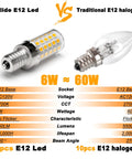 Comparison of E12 LED Candelabra Bulb 6W 550LM with traditional 60W halogen bulb, showing specifications like base, voltage, and brightness.