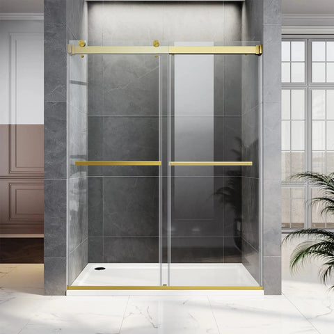 Frameless Sliding Shower Door In Brushed Gold Finish, 60 Inch Wide By 76 Inch High, 8mm Clear Tempered Safety Glass