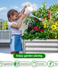 Child watering plants in 2 Pack Galvanized Raised Garden Beds With Legs 48 Inch By 24 Inch By 32 Inch Outdoor Planter Box