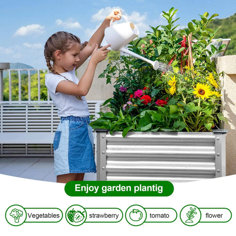 Child watering plants in 2 Pack Galvanized Raised Garden Beds With Legs 48 Inch By 24 Inch By 32 Inch Outdoor Planter Box