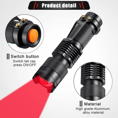 Red Light Flashlight With One Mode LED Torch Scalable Red Lens Filter Built For Night Astronomy Aviation Beach Safety And Dope Outdoors Gear For Late Night Hiking And Observing Pack Of 4, showing switch button and aluminum material.