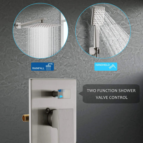 Dual shower combo showing rain shower head, handheld spray, and two function valve control from 9 Inch Rain Shower Head With Handheld System Dual Shower Combo 3 Setting Sprayer Slide Bar Chrome Finish Durable Brass Rail ABS Body And Stainless Steel Hose With Rub Clean Tips For Easy Mineral Buildup Cleaning.
